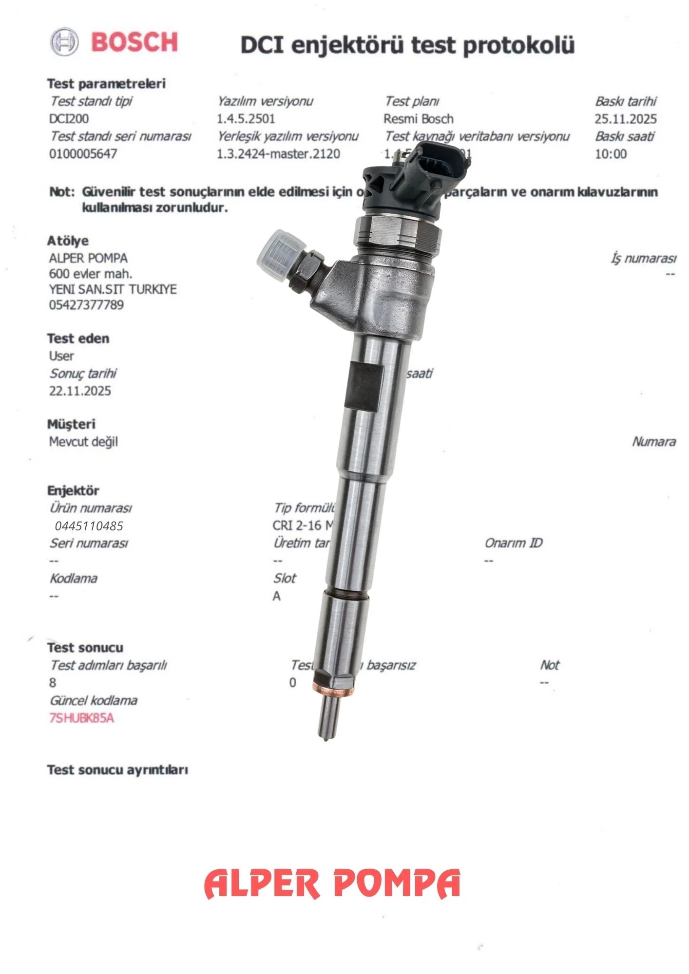 BOSCH 0445110485 Enjektör RENAULT Cilo,Symbol,kango DACİA Duster 1.5 Dci EURO 5 H8201108033