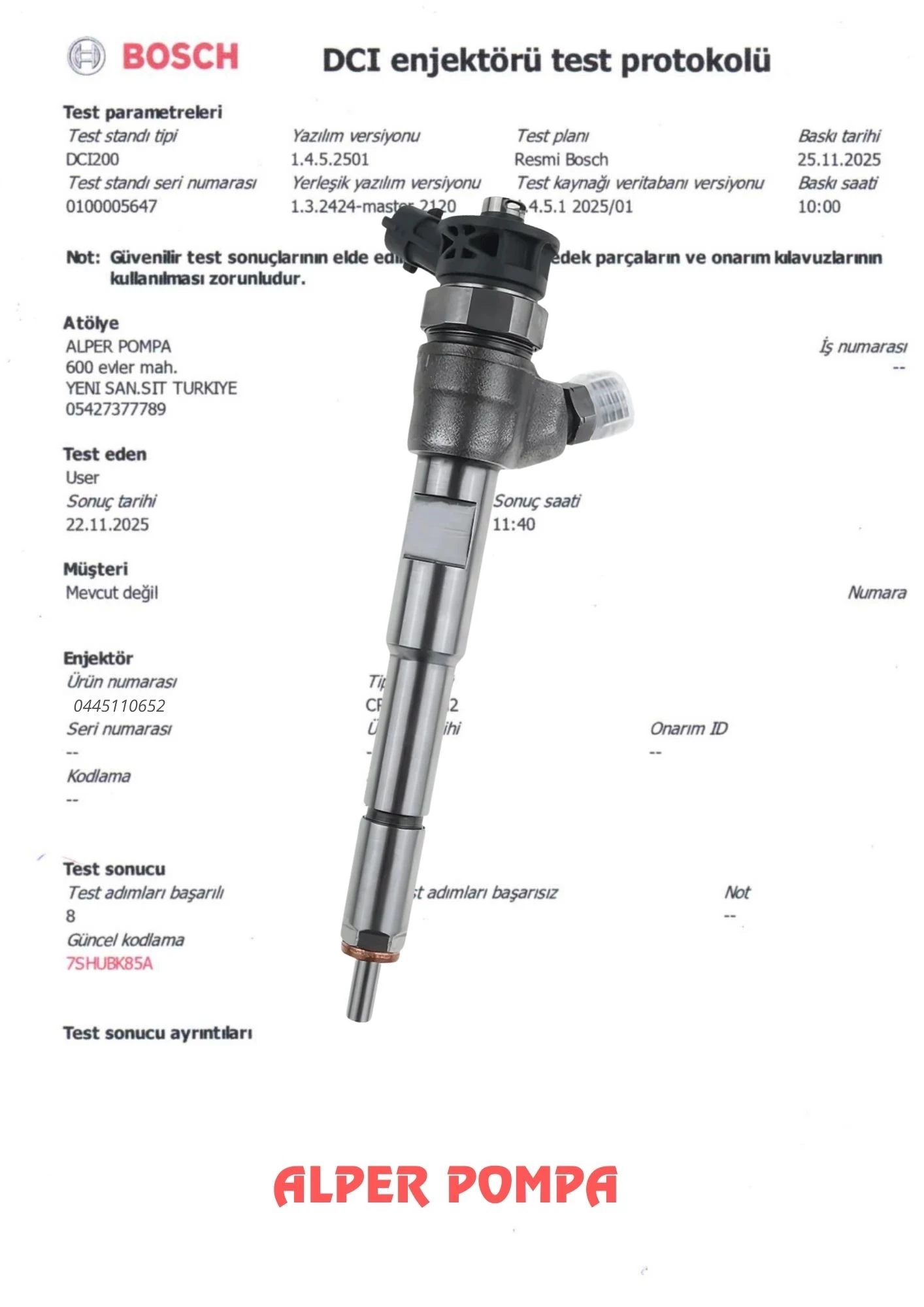 BOSCH 0445110652 Enjektör RENAULT CLİO 4 SYMBOL 4 DACİA EURO5 MOTOR 1.5 Dci H8201108033
