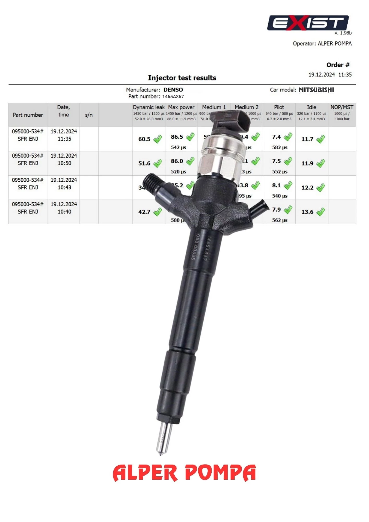 DENSO 1465A367 Enjektör 