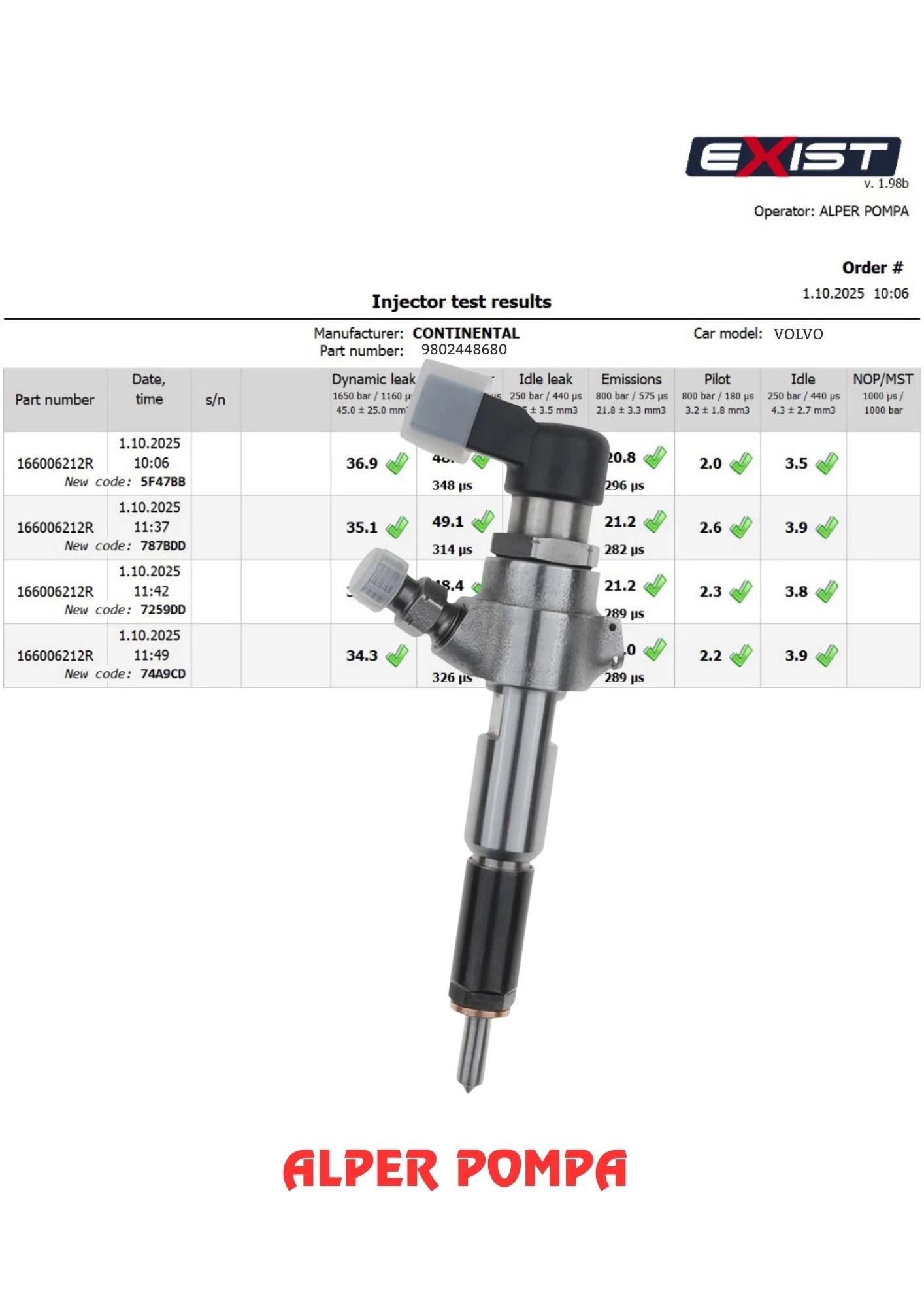 SIEMENS 9802448680 A2C59513556 Peugeot 2008/Ford Transit Connect/Volvo C60 Enjektör 1.6 Hdi EURO5
