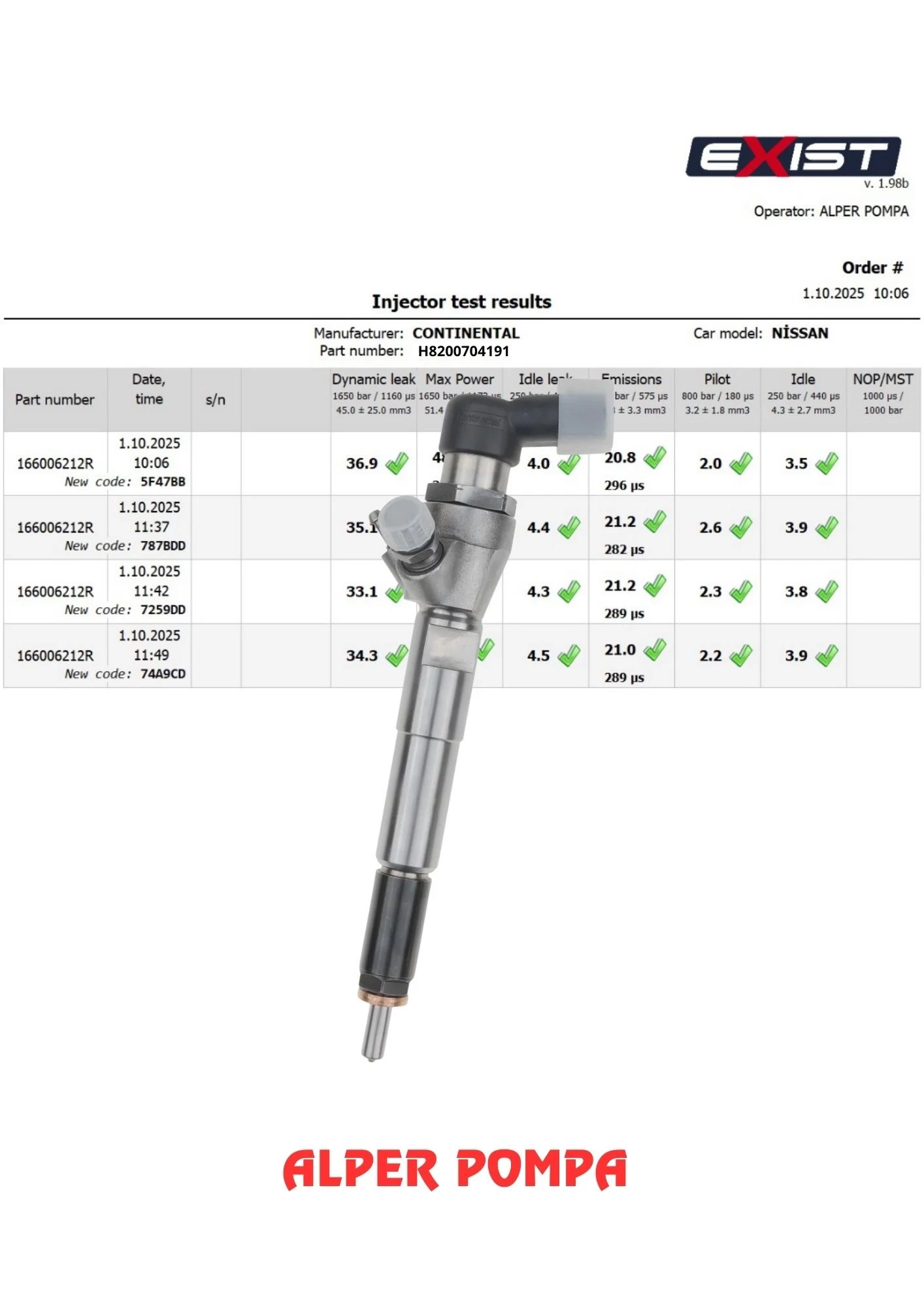 SIEMENS A2C59513484 - H8200704191 Enjektör 110 HP Renault Megan 4,Fluence - Dacia Duster  -Nissan Qashqai , Juke  1.5 DCİ 166008052R